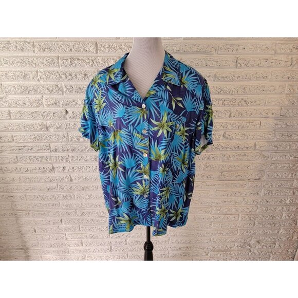 CM Shapes Women Shirt 2X Plus Short Sleeve Blue Floral Button Up FLO219E - Picture 1 of 7